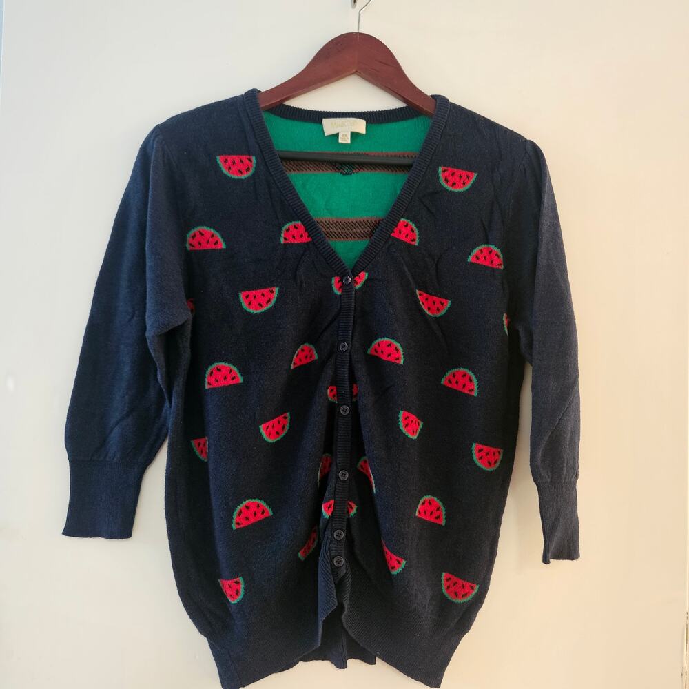 Modcloth Watermelon Cardigan, Size 2X, Navy, Ruched Front, Button-Up Sweater